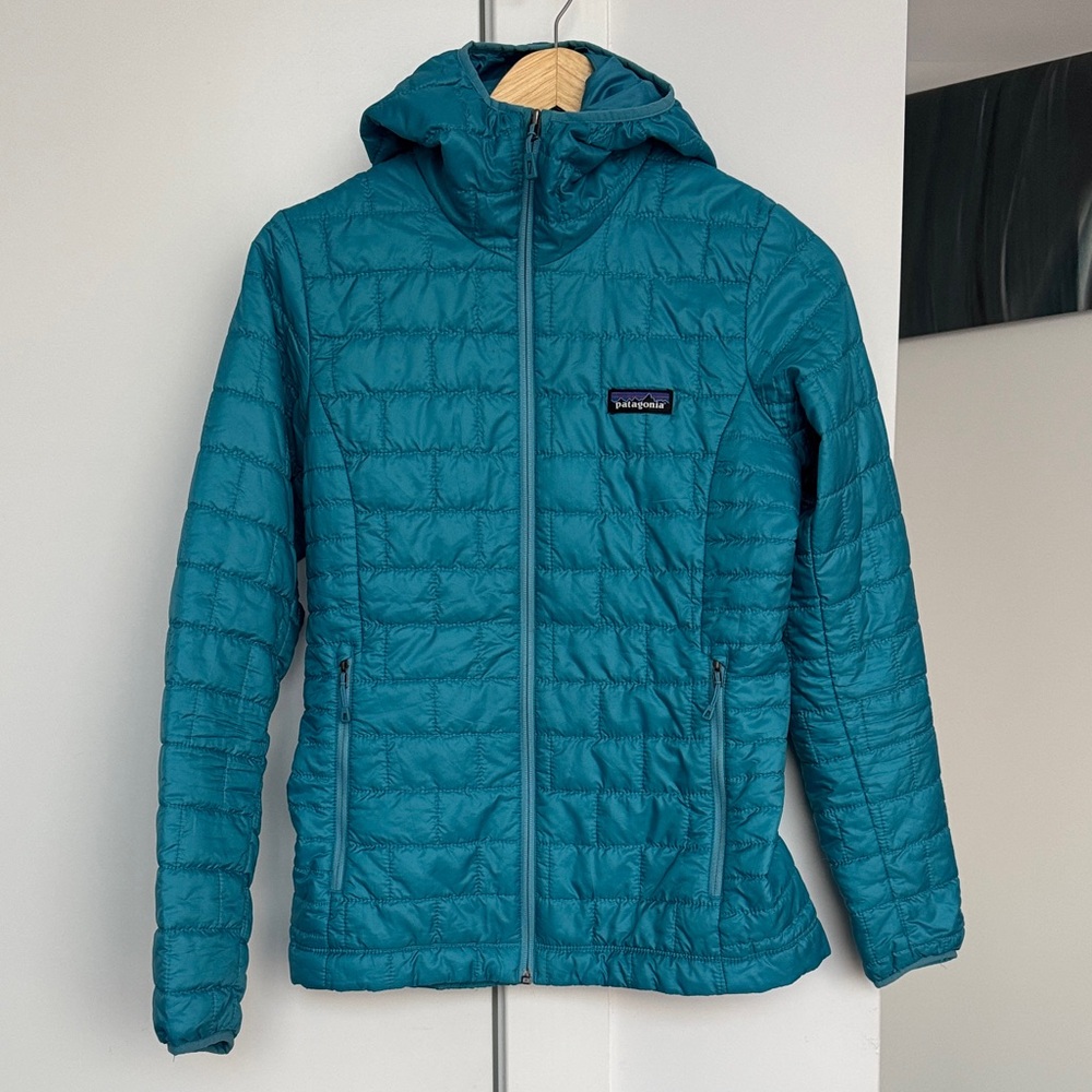 Patagonia Teal Blue Quilted Nano Puff Hooded Jacket